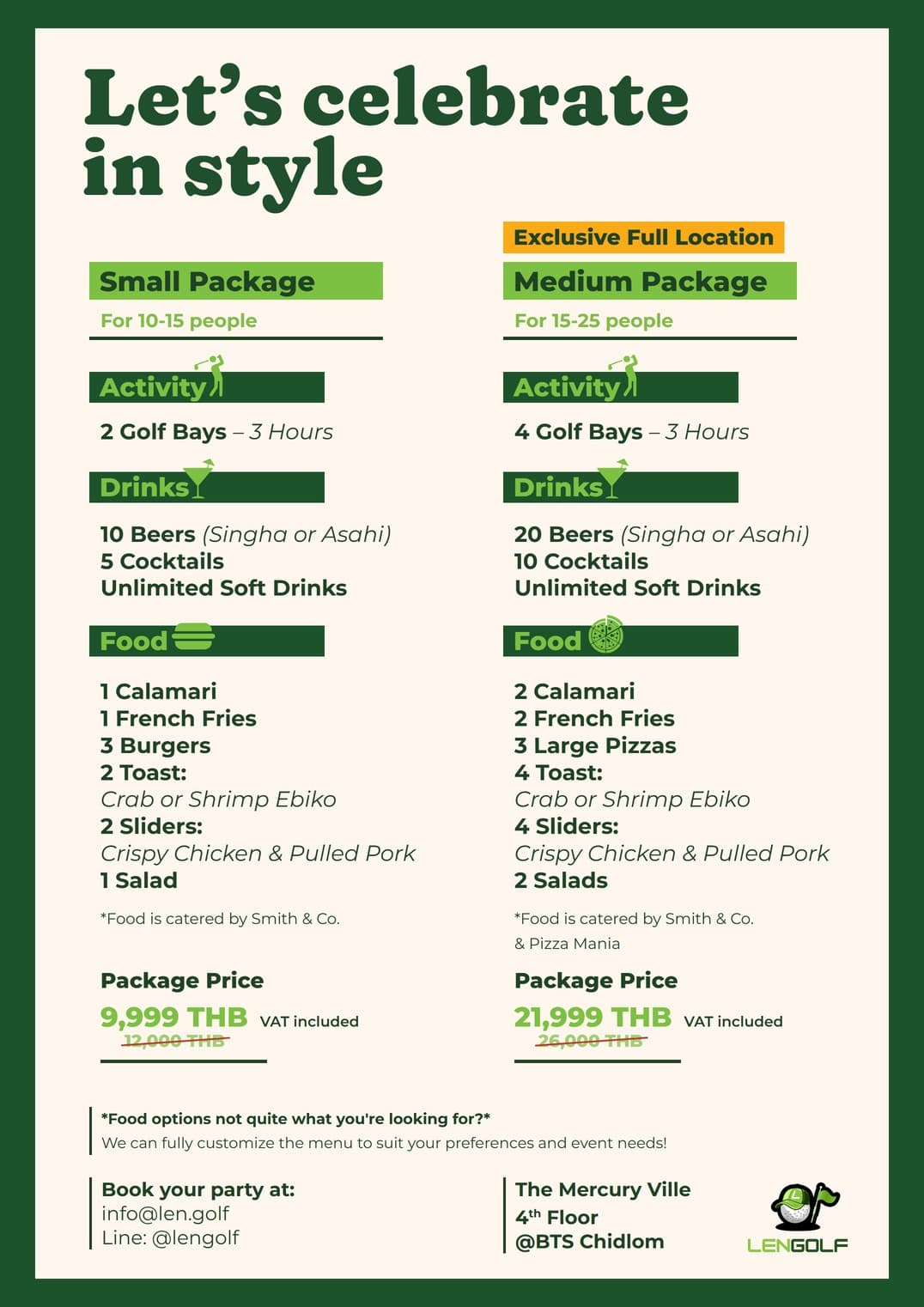 LENGOLF Event Packages: Small Package 9,999 THB for 10–15 guests with 2 bays, Medium Package 21,999 THB for 15–25 guests with 4 bays and exclusive full-location rental, VAT included
