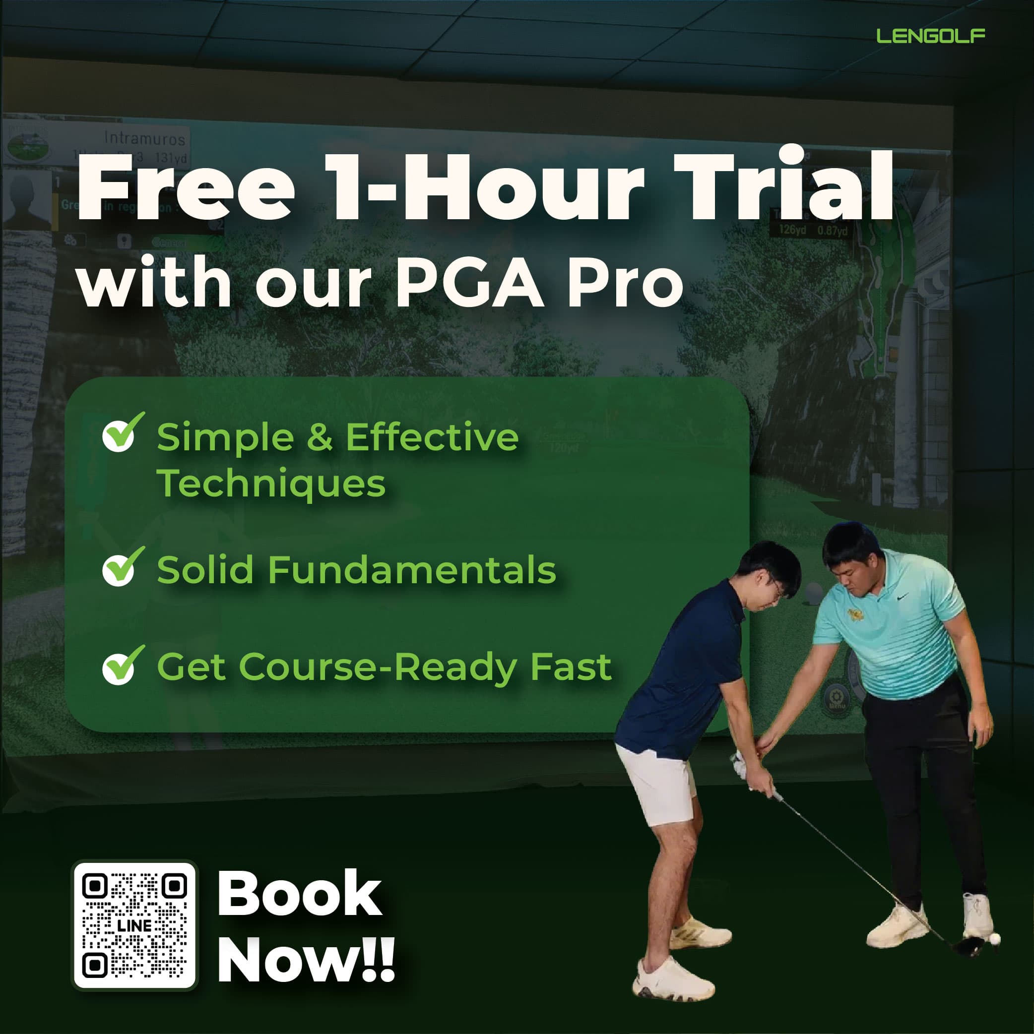 Free 1-hour trial lesson with a PGA Pro — simple techniques, solid fundamentals, get course-ready fast